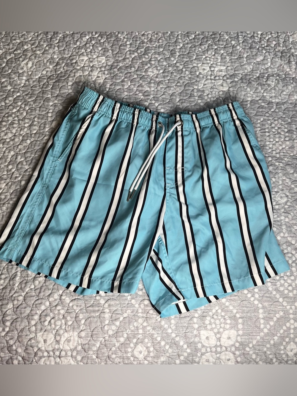 Vacay Swimwear Blue Vertical-Stripe Men's Swim Trunks, size large, 5 inch inseam